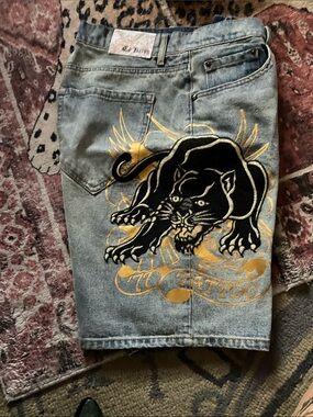 Ed Hardy Light Blue Denim Shorts with Black Panther & Gold Tattoo Graphic